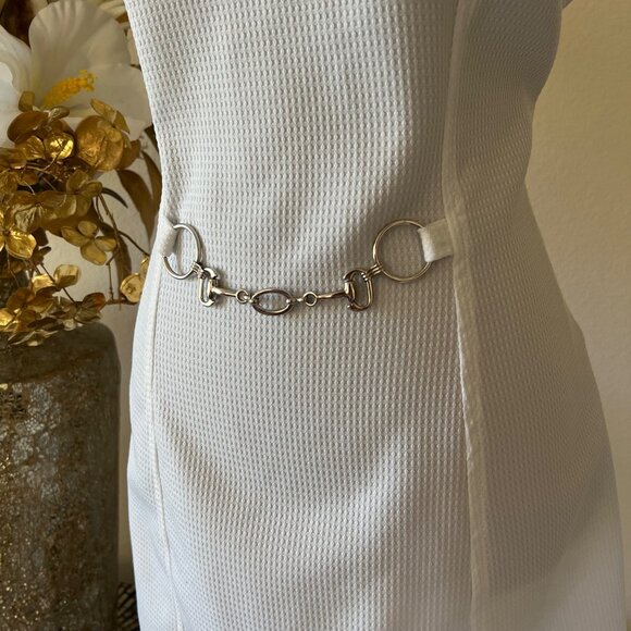 Vintage Wrapper Fitted Square Neck White Textured Dress Silver Belt Accent - Picture 3 of 11